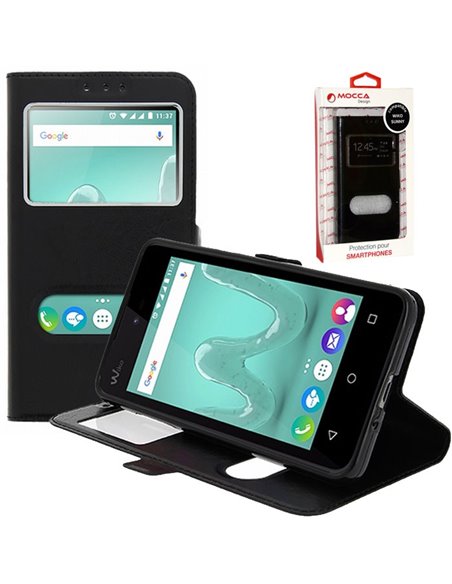 CUSTODIA FLIP ORIZZONTALE PELLE per WIKO SUNNY CON INTERNO IN TPU E DOPPIA FINESTRA ID COLORE NERO ALTA QUALITA' MOCCA