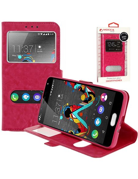 CUSTODIA FLIP ORIZZONTALE PELLE per WIKO U FEEL 4G CON INTERNO IN TPU SILICONE E DOPPIA FINESTRA ID COLORE ROSA ALTA QUALITA' MO