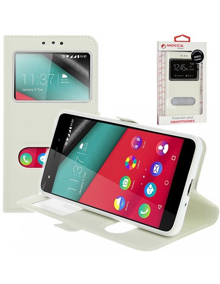 CUSTODIA FLIP ORIZZONTALE PELLE per WIKO TOMMY CON INTERNO IN TPU SILICONE E DOPPIA FINESTRA ID COLORE BIANCO ALTA QUALITA'