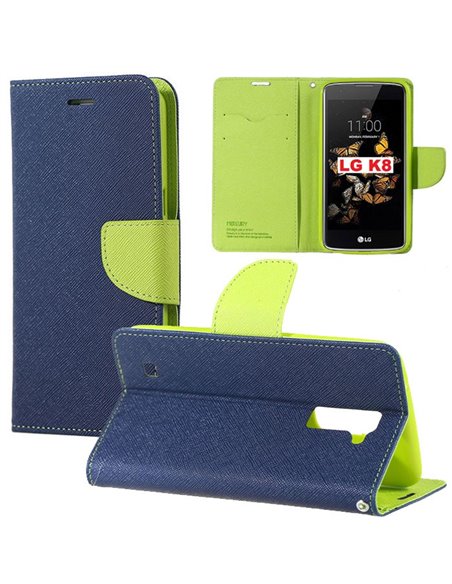 CUSTODIA FLIP ORIZZONTALE per LG K8 4G, K350N CON INTERNO IN TPU, STAND, PORTA CARTE E CHIUSURA MAGNETICA COLORE BLU