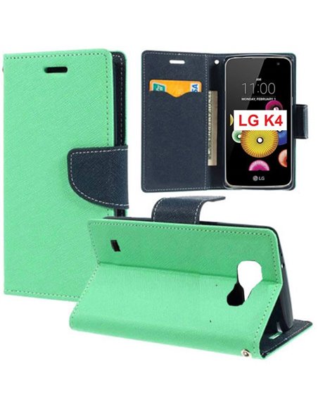 CUSTODIA FLIP ORIZZONTALE per LG K4 LTE, K130E, K120E CON INTERNO IN TPU, STAND, PORTA CARTE E CHIUSURA MAGNETICA VERDE ACQUA