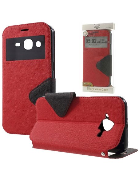 CUSTODIA FLIP ORIZZONTALE SLIM per SAMSUNG SM-J210 GALAXY J2 (2016) CON STAND, INTERNO IN TPU E FINESTRA ID COLORE ROSSO ALTA QU