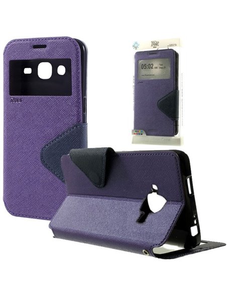 CUSTODIA FLIP ORIZZONTALE SLIM per SAMSUNG SM-J210 GALAXY J2 (2016) CON STAND, INTERNO IN TPU E FINESTRA ID COLORE VIOLA ALTA QU