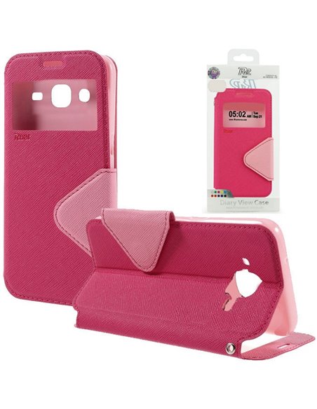 CUSTODIA FLIP ORIZZONTALE SLIM per SAMSUNG SM-J210 GALAXY J2 (2016) CON STAND, INTERNO IN TPU E FINESTRA ID COLORE FUCSIA ALTA Q