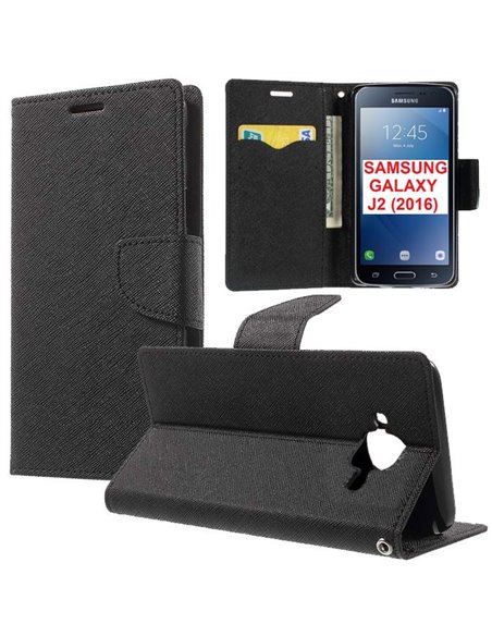 CUSTODIA FLIP ORIZZONTALE per SAMSUNG SM-J210 GALAXY J2 (2016) CON INTERNO IN TPU SILICONE, STAND E PORTA CARTE COLORE NERO