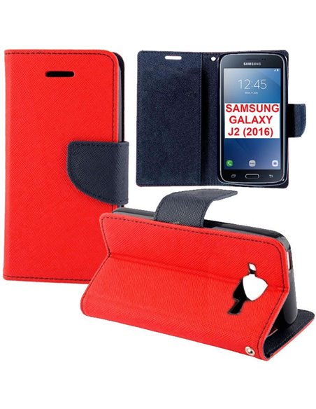 CUSTODIA FLIP ORIZZONTALE per SAMSUNG SM-J210 GALAXY J2 (2016) CON INTERNO IN TPU SILICONE, STAND E PORTA CARTE COLORE ROSSO