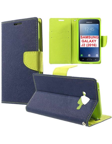 CUSTODIA FLIP ORIZZONTALE per SAMSUNG SM-J210 GALAXY J2 (2016) CON INTERNO IN TPU SILICONE, STAND E PORTA CARTE COLORE BLU