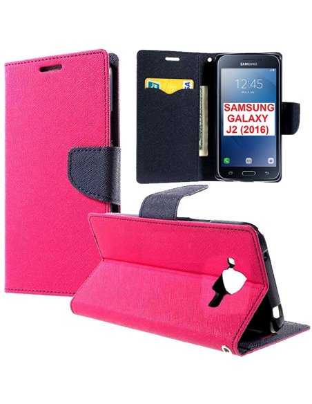 CUSTODIA FLIP ORIZZONTALE per SAMSUNG SM-J210 GALAXY J2 (2016) CON INTERNO IN TPU SILICONE, STAND E PORTA CARTE COLORE FUCSIA