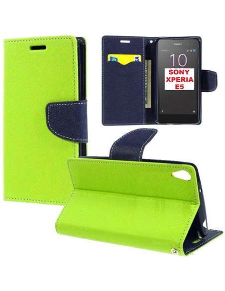 CUSTODIA FLIP ORIZZONTALE per SONY XPERIA E5, XPERIA E5 DUAL CON STAND, INTERNO IN TPU SILICONE E TASCHE PORTA CARTE COLORE VERD