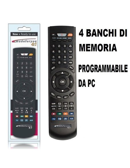 TELECOMANDO UNIVERSALE PROGRAMMABILE DA PC A 4 BANCHI DI MEMORIA PER TV, SAT, PAY TV, DTT, DVD, VCR, PS2 NERO MADEFORYOU BLISTER