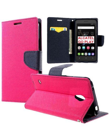 CUSTODIA FLIP ORIZZONTALE per ALCATEL ONE TOUCH GO PLAY, 7048X CON INTERNO IN TPU, STAND E TASCHE PORTA CARTE COLORE FUCSIA