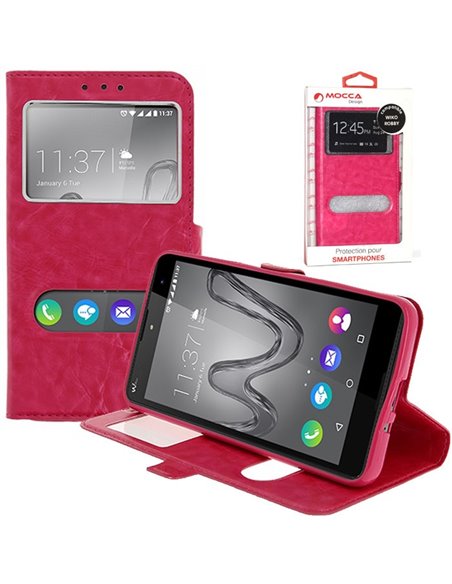 CUSTODIA FLIP ORIZZONTALE PELLE per WIKO ROBBY CON INTERNO IN TPU SILICONE E DOPPIA FINESTRA ID COLORE ROSA ALTA QUALITA' MOCCA