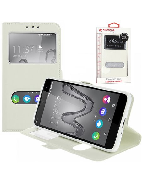 CUSTODIA FLIP ORIZZONTALE PELLE per WIKO ROBBY CON INTERNO IN TPU E DOPPIA FINESTRA ID COLORE BIANCO ALTA QUALITA' MOCCA