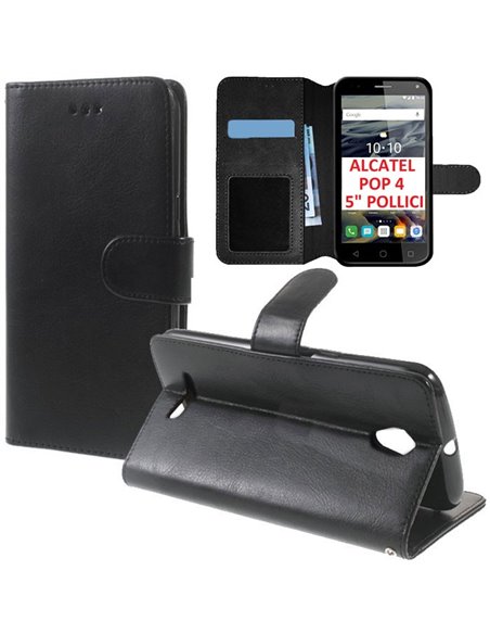 CUSTODIA FLIP ORIZZONTALE SIMILPELLE per ALCATEL ONE TOUCH POP 4 - 5' POLLICI CON INTERNO IN TPU, STAND E PORTA CARTE NERO