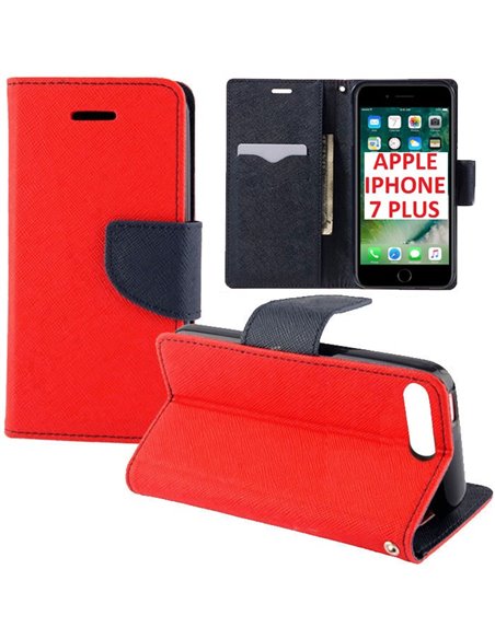 CUSTODIA FLIP ORIZZONTALE per APPLE IPHONE 7 PLUS, IPHONE 8 PLUS CON INTERNO IN TPU, STAND E TASCHE PORTA CARTE COLORE ROSSO