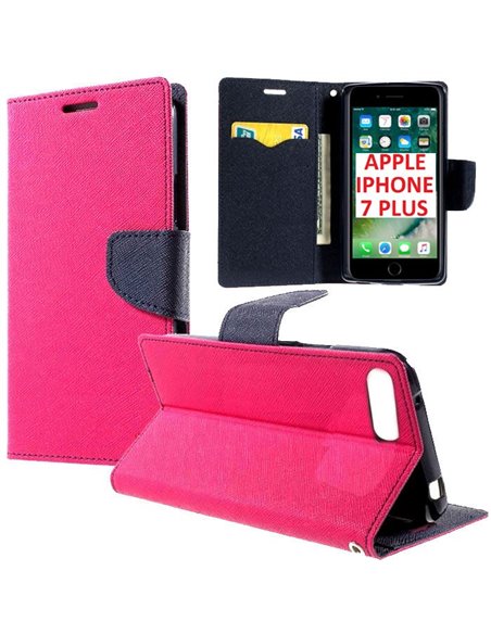 CUSTODIA FLIP ORIZZONTALE per APPLE IPHONE 7 PLUS, IPHONE 8 PLUS CON INTERNO IN TPU, STAND E TASCHE PORTA CARTE COLORE FUCSIA