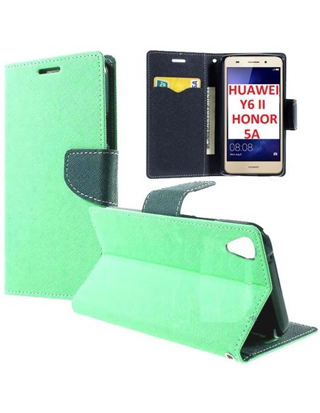 CUSTODIA FLIP ORIZZONTALE per HUAWEI Y6 II, HONOR 5A, HONOR HOLLY 3 CON INTERNO IN TPU, STAND E CHIUSURA MAGNETICA VERDE ACQUA