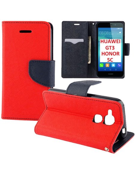 CUSTODIA FLIP ORIZZONTALE per HUAWEI GT3, HONOR 5C, HONOR 7 LITE CON INTERNO IN TPU SILICONE, STAND E PORTA CARTE COLORE ROSSO