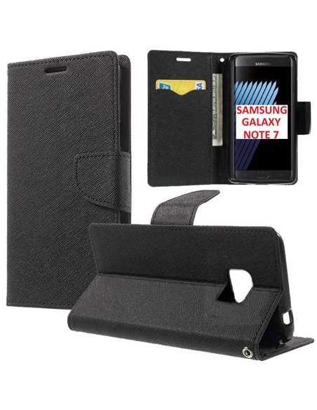 CUSTODIA FLIP ORIZZONTALE per SAMSUNG SM-N930 GALAXY NOTE 7 CON STAND, INTERNO IN TPU SILICONE E PORTA CARTE COLORE NERO