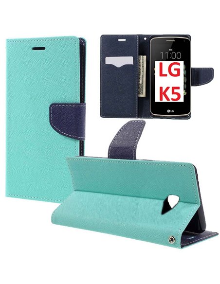 CUSTODIA per LG K5, X220 - FLIP ORIZZONTALE CON INTERNO IN TPU, STAND, PORTA CARTE E CHIUSURA MAGNETICA COLORE VERDE ACQUA