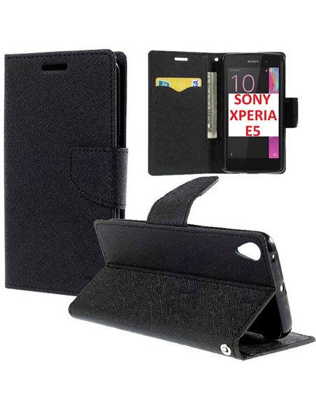 CUSTODIA FLIP ORIZZONTALE per SONY XPERIA E5, XPERIA E5 DUAL CON INTERNO IN TPU SILICONE, STAND E TASCHE PORTA CARTE COLORE NERO