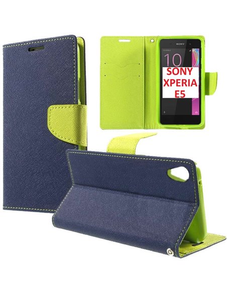 CUSTODIA FLIP ORIZZONTALE per SONY XPERIA E5, XPERIA E5 DUAL CON INTERNO IN TPU SILICONE, STAND E TASCHE PORTA CARTE COLORE BLU