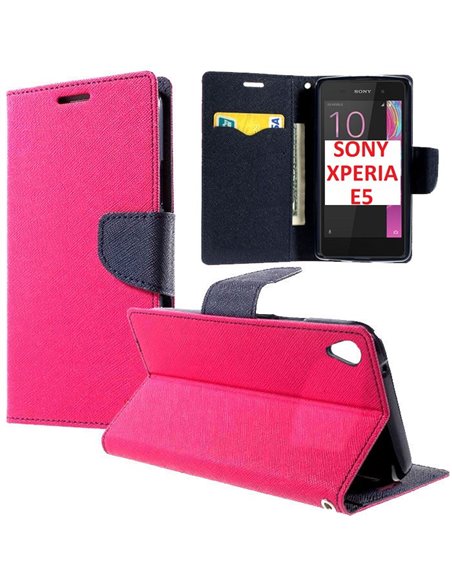 CUSTODIA FLIP ORIZZONTALE per SONY XPERIA E5, XPERIA E5 DUAL CON INTERNO IN TPU SILICONE, STAND E TASCHE PORTA CARTE COLORE FUCS