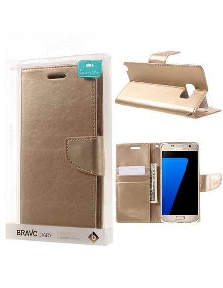 CUSTODIA FLIP ORIZZONTALE SIMILPELLE per SAMSUNG SM-G935 GALAXY S7 EDGE CON INTERNO IN TPU E STAND ORO BRAVO MERCURY