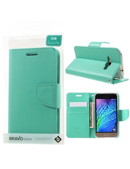 CUSTODIA FLIP ORIZZONTALE SIMILPELLE per SAMSUNG SM-J120 GALAXY J1 (2016) CON INTERNO IN TPU E STAND VERDE ACQUA BRAVO MERCURY