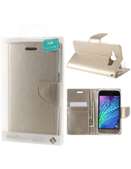 CUSTODIA FLIP ORIZZONTALE SIMILPELLE per SAMSUNG SM-J120 GALAXY J1 (2016) CON INTERNO IN TPU E STAND COLORE ORO BRAVO MERCURY