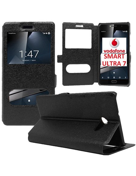 CUSTODIA FLIP ORIZZONTALE SLIM per VODAFONE SMART ULTRA 7 CON STAND, INTERNO IN TPU SILICONE E DOPPIA FINESTRA ID COLORE NERO