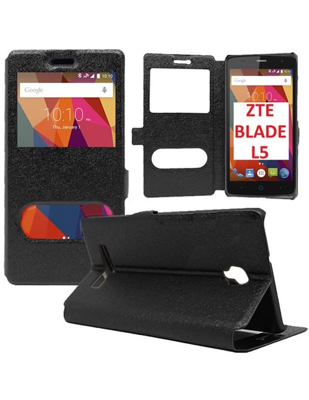 CUSTODIA FLIP ORIZZONTALE SLIM per ZTE BLADE L5 CON STAND, INTERNO IN TPU SILICONE E DOPPIA FINESTRA ID COLORE NERO