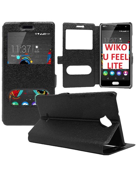 CUSTODIA FLIP ORIZZONTALE SLIM per WIKO U FEEL LITE 4G CON STAND, INTERNO IN TPU SILICONE E DOPPIA FINESTRA ID COLORE NERO