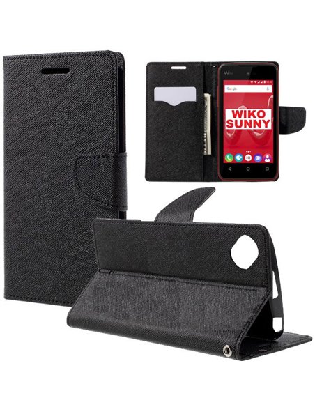 CUSTODIA FLIP ORIZZONTALE per WIKO SUNNY CON INTERNO IN TPU, STAND, TASCHE PORTA CARTE E CHIUSURA MAGNETICA COLORE NERO