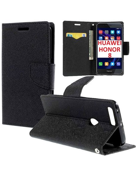 CUSTODIA FLIP ORIZZONTALE per HUAWEI HONOR 8 CON INTERNO IN TPU SILICONE, STAND, PORTA CARTE E CHIUSURA MAGNETICA COLORE NERO