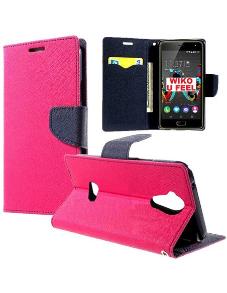 CUSTODIA FLIP ORIZZONTALE per WIKO U FEEL 4G CON INTERNO IN TPU, STAND, TASCHE PORTA CARTE E CHIUSURA MAGNETICA COLORE FUCSIA