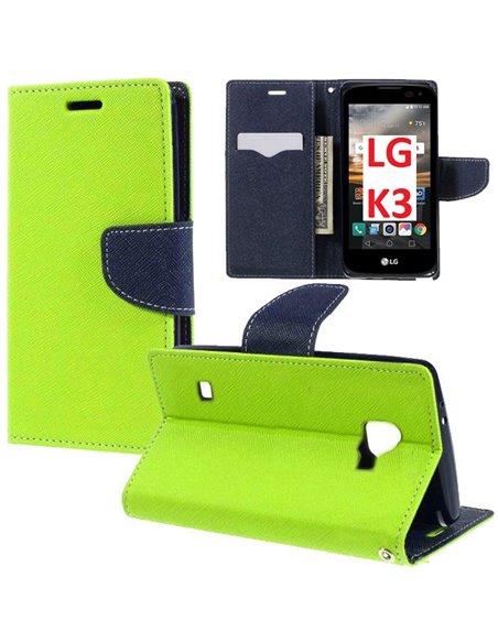 CUSTODIA FLIP ORIZZONTALE per LG K3 (LS450) - ATTENZIONE! NO K3 (K100) - CON INTERNO IN TPU, PORTA CARTE E STAND COLORE VERDE