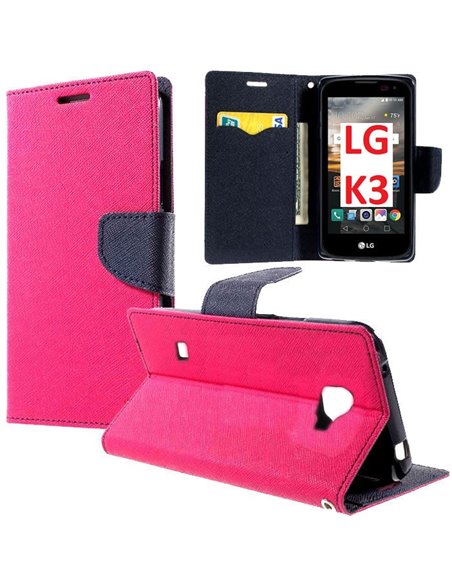 CUSTODIA FLIP ORIZZONTALE per LG K3 (LS450) - ATTENZIONE! NO K3 (K100) - CON INTERNO IN TPU, PORTA CARTE E STAND COLORE FUCSIA