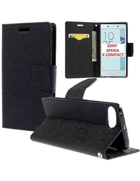 CUSTODIA FLIP ORIZZONTALE per SONY XPERIA X COMPACT CON INTERNO IN TPU, STAND, PORTA CARTE E CHIUSURA MAGNETICA COLORE NERO