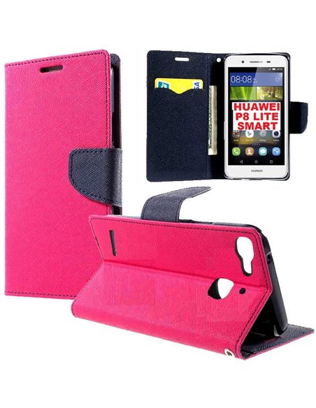 CUSTODIA FLIP ORIZZONTALE per HUAWEI P8 LITE SMART, GR3, ENJOY 5S CON INTERNO IN TPU SILICONE E STAND COLORE FUCSIA