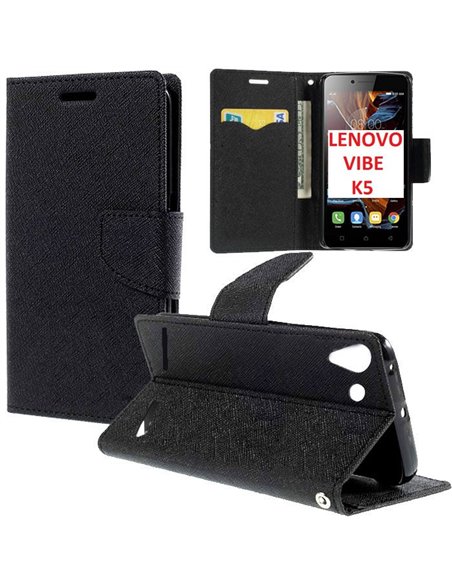 CUSTODIA FLIP ORIZZONTALE per LENOVO VIBE K5 (A6020a40), VIBE K5 PLUS (A6020a46) CON INTERNO IN TPU SILICONE E STAND COLORE NERO
