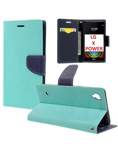CUSTODIA FLIP ORIZZONTALE per LG X POWER, K220 CON INTERNO IN TPU SILICONE, STAND E CHIUSURA MAGNETICA COLORE VERDE ACQUA