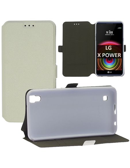 CUSTODIA FLIP ORIZZONTALE SLIM per LG X POWER, K220 CON INTERNO IN TPU, STAND E TASCHE PORTA CARTE COLORE BIANCO