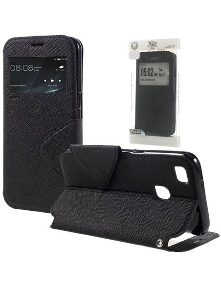 CUSTODIA FLIP ORIZZONTALE SLIM per HUAWEI P9 CON STAND, INTERNO IN TPU SILICONE E FINESTRA ID COLORE NERO ALTA QUALITA' ROAR