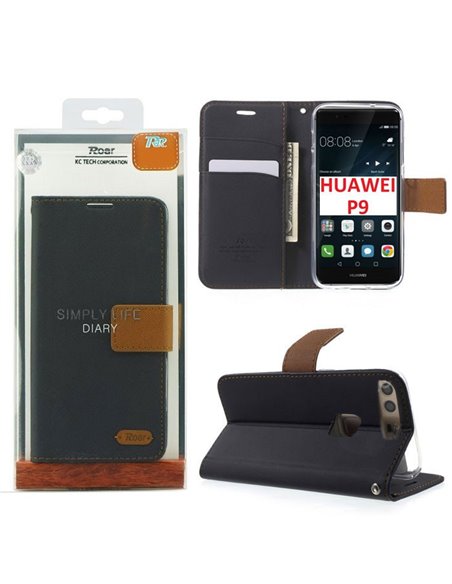 CUSTODIA FLIP ORIZZONTALE per HUAWEI P9 CON INTERNO IN TPU, STAND E CHIUSURA MAGNETICA COLORE BLU ALTA QUALITA' ROAR BLISTER