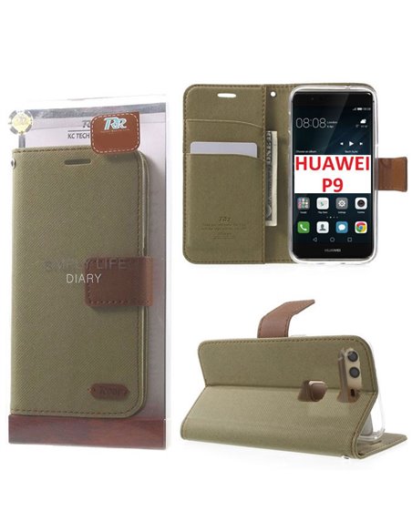 CUSTODIA FLIP ORIZZONTALE per HUAWEI P9 CON INTERNO IN TPU, STAND E CHIUSURA MAGNETICA VERDE MILITARE ALTA QUALITA' ROAR BLISTER