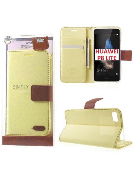 CUSTODIA FLIP ORIZZONTALE per HUAWEI P8 LITE CON INTERNO IN TPU, STAND E CHIUSURA MAGNETICA COLORE AVORIO ALTA QUALITA' ROAR