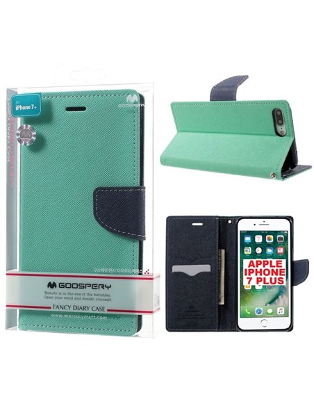 CUSTODIA FLIP ORIZZONTALE per APPLE IPHONE 7 PLUS, IPHONE 8 PLUS CON STAND ED INTERNO IN TPU SILICONE VERDE ACQUA FANCY MERCURY