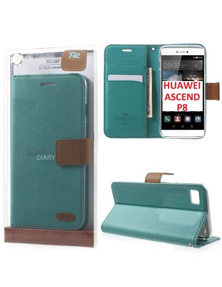 CUSTODIA FLIP ORIZZONTALE per HUAWEI ASCEND P8 CON INTERNO IN TPU, STAND E CHIUSURA MAGNETICA VERDE BOTTIGLIA ALTA QUALITA'