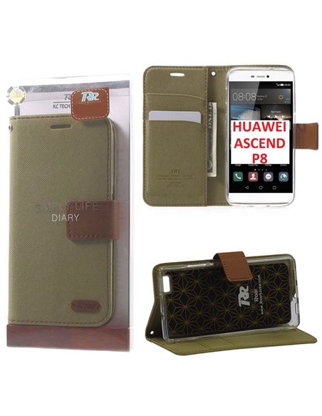 CUSTODIA FLIP ORIZZONTALE per HUAWEI ASCEND P8 CON INTERNO IN TPU, STAND E CHIUSURA MAGNETICA VERDE MILITARE ALTA QUALITA'